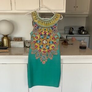 Solemio Teal and Yellow Embellished Mini Dress